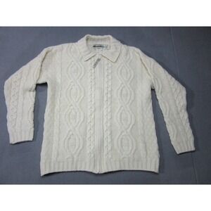 Aran Crafts Sweater Womens Ivory White Small Full Zip Cardigan Merino Wool Cable